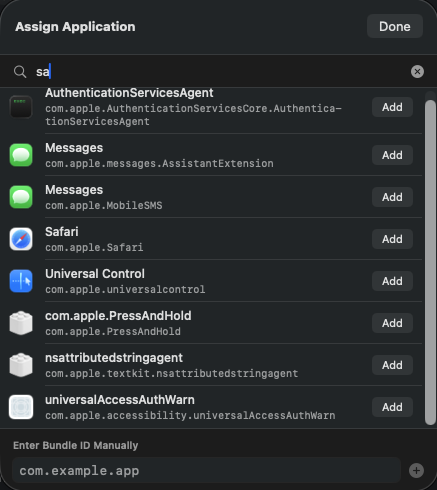 SwiftStealth app picker for assigning applications to a proxy group by name or bundle ID