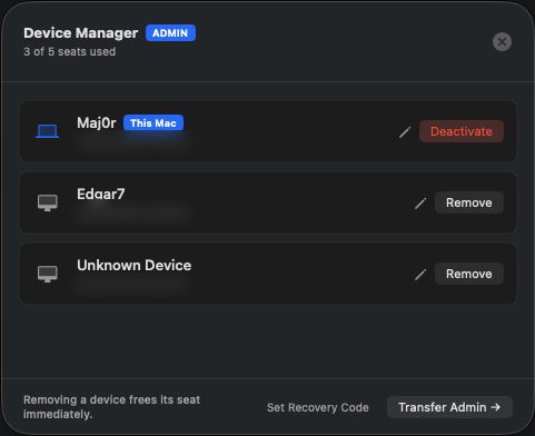 SwiftStealth Device Manager showing activated devices, seats used, and deactivate or remove controls