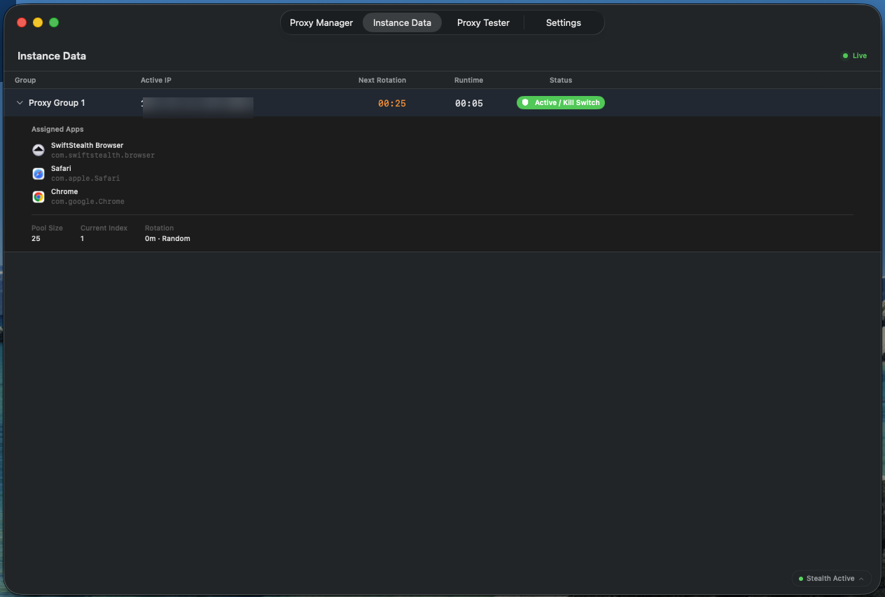 SwiftStealth Instance Data tab showing a live proxy group, next rotation countdown and kill-switch status