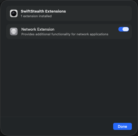 Enabling the SwiftStealth Network Extension toggle in macOS System Settings