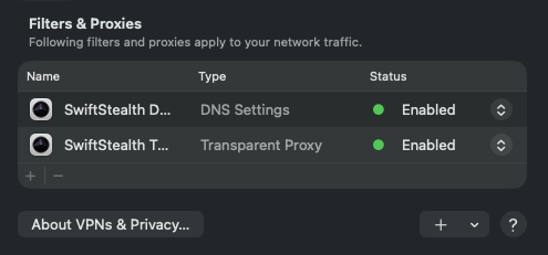 macOS Network Filters showing SwiftStealth DNS Settings and Transparent Proxy both enabled