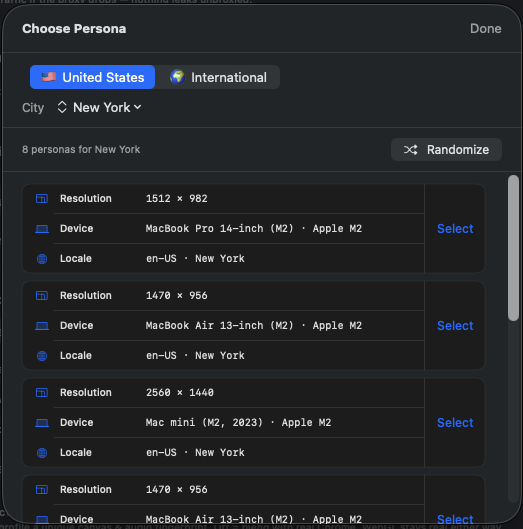 SwiftStealth persona chooser listing real Apple device profiles with resolution, device and locale