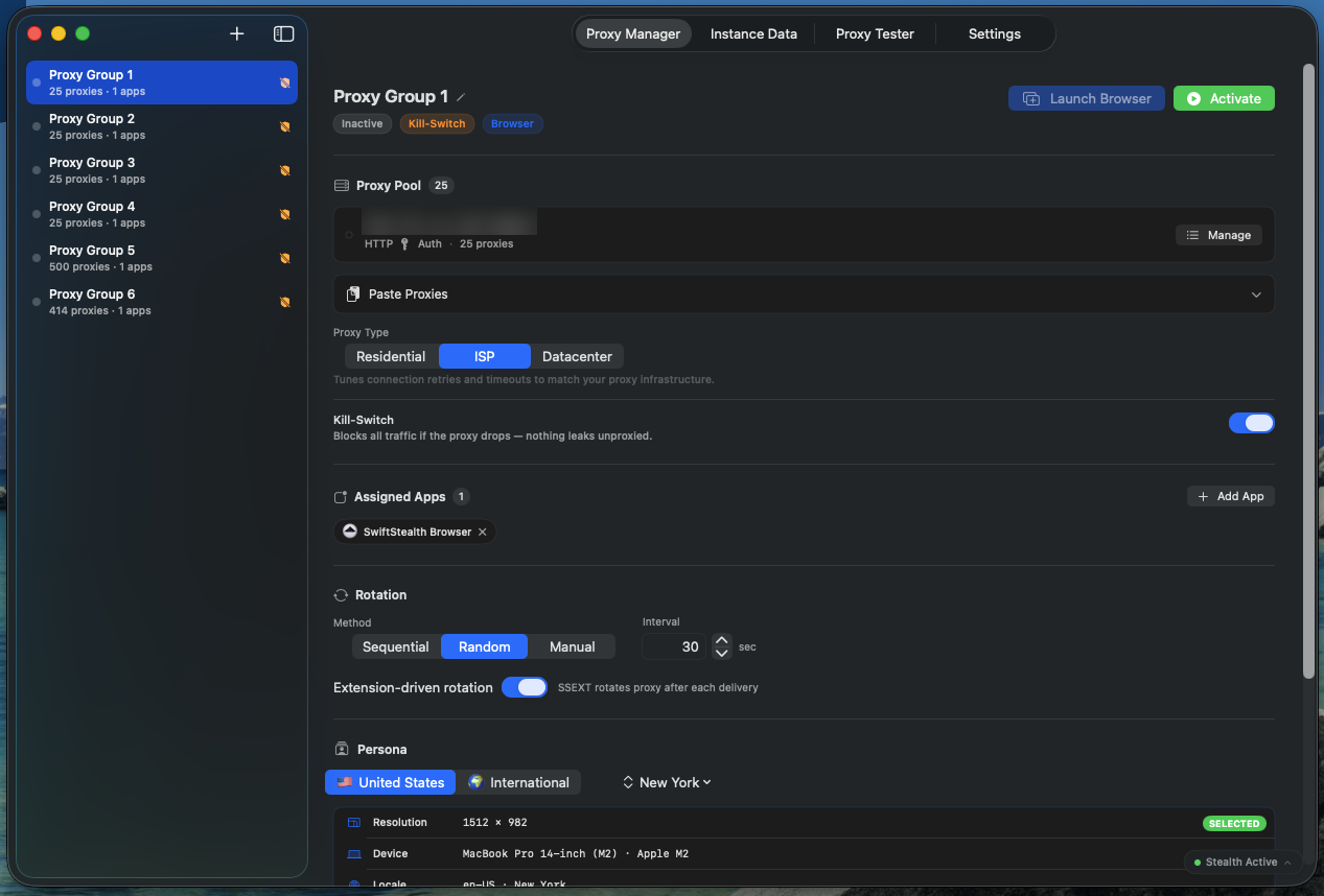 SwiftStealth Proxy Manager showing a proxy group with kill-switch, assigned apps, rotation and persona